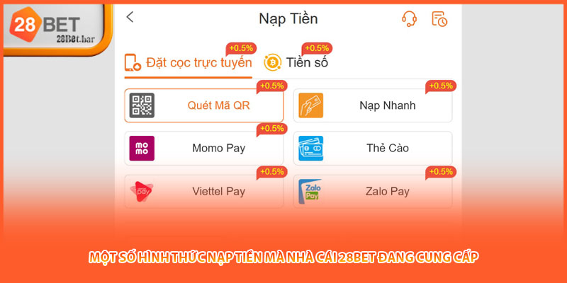 Một số hình thức nạp tiền mà nhà cái 28BET đang cung cấp 